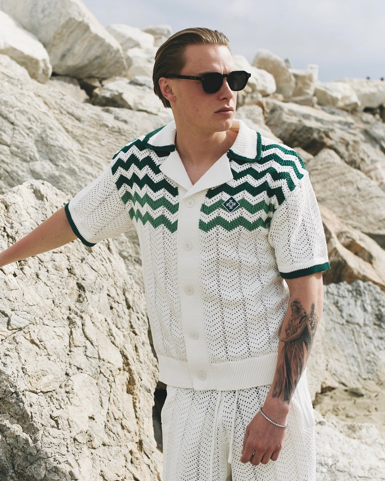 Zig Zag Crochet Knit Shirt - Green